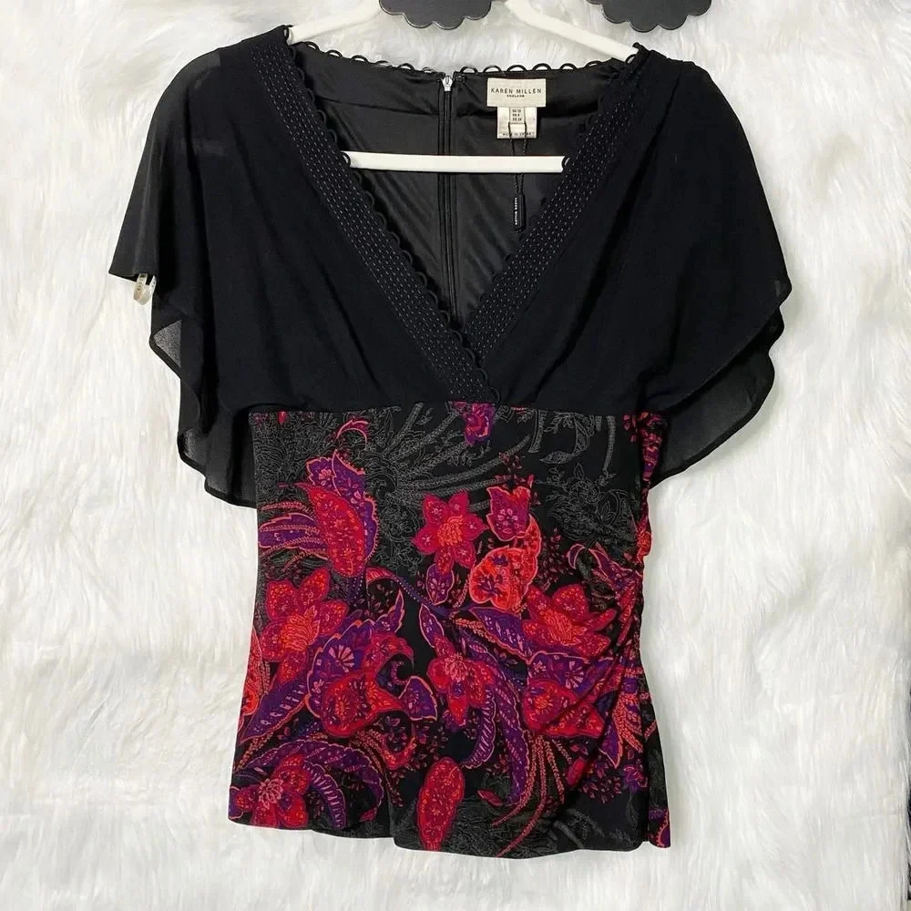 KAREN MILLEN Size US 6 100% Silk V-Neck Flutter Sleeves Red Paisley Ruched Top